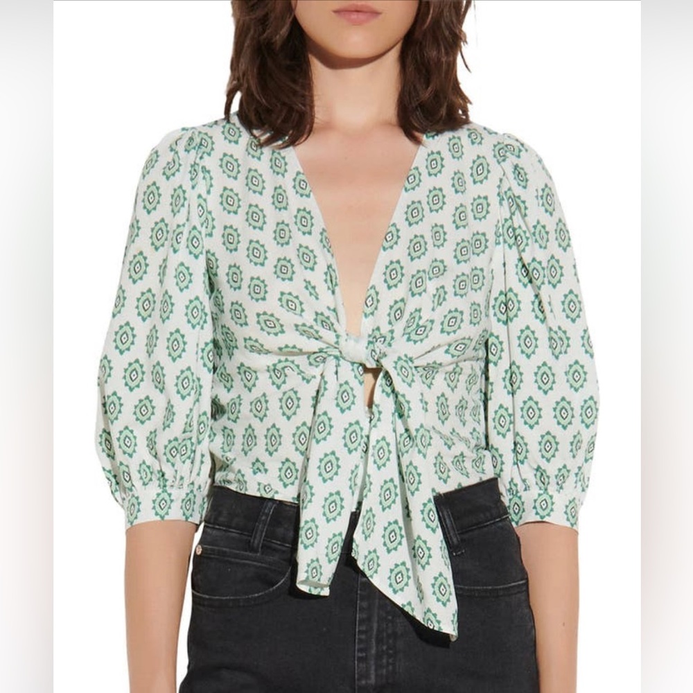 Sandro Green and White Patterned Blouse